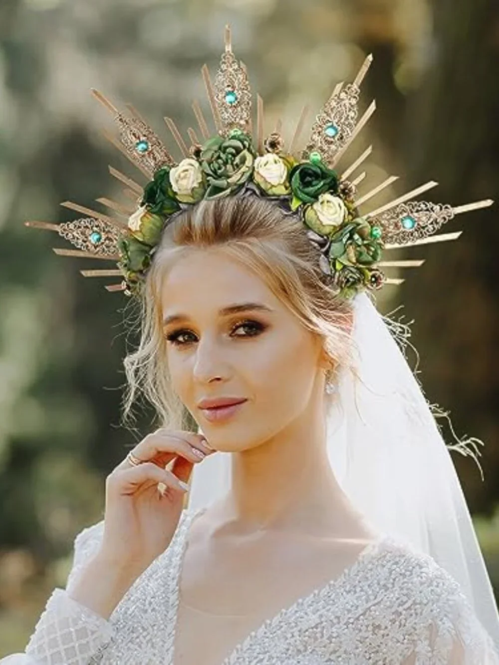 Handmade Green Rose Halo Crown Renfaire Woodland Flower Headpiece for Women